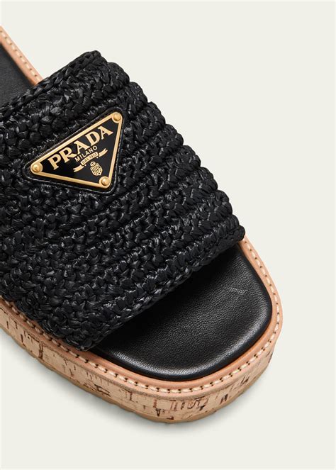 prada raffia cork flatform slide sandals|prada raffia single band slides.